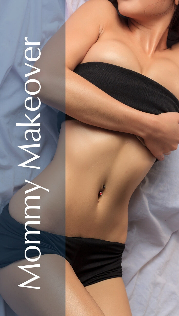 A close-up image of a woman's midsection, showcasing a smooth abdomen and a navel, with her hands gently resting on her waist. The background features soft, neutral colors, creating a calming atmosphere. The text "Mommy Makeover" is prominently displayed on the left side, indicating a focus on post-pregnancy body transformations. This image represents the concept of body confidence and aesthetic improvement for mothers seeking cosmetic procedures to enhance their appearance.