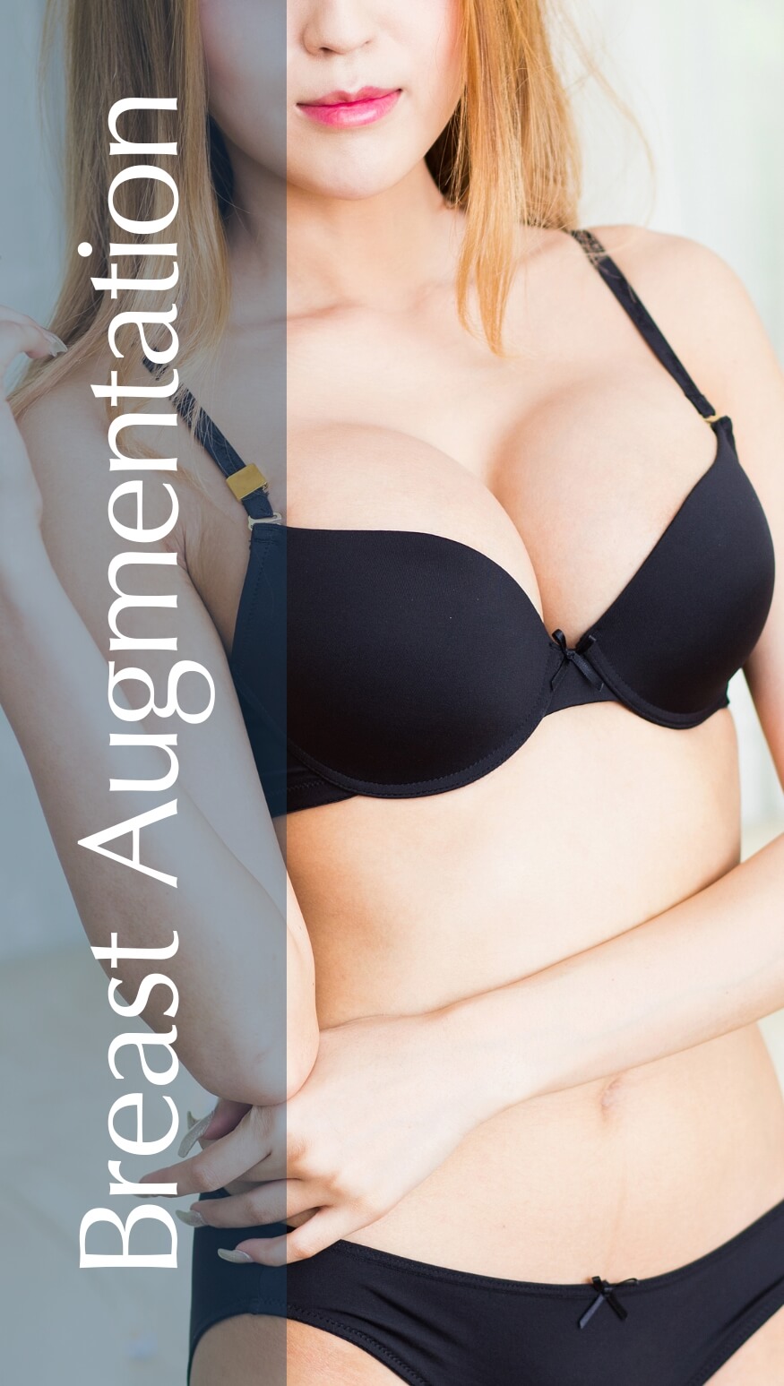 Image of a woman wearing a black bra, showcasing a before-and-after comparison related to breast augmentation. The image highlights the enhanced shape and volume achieved through the procedure. The background is neutral, focusing the viewer's attention on the bra and the transformation it represents. This visual serves to inform potential patients about the results of breast augmentation, emphasizing confidence and body positivity.