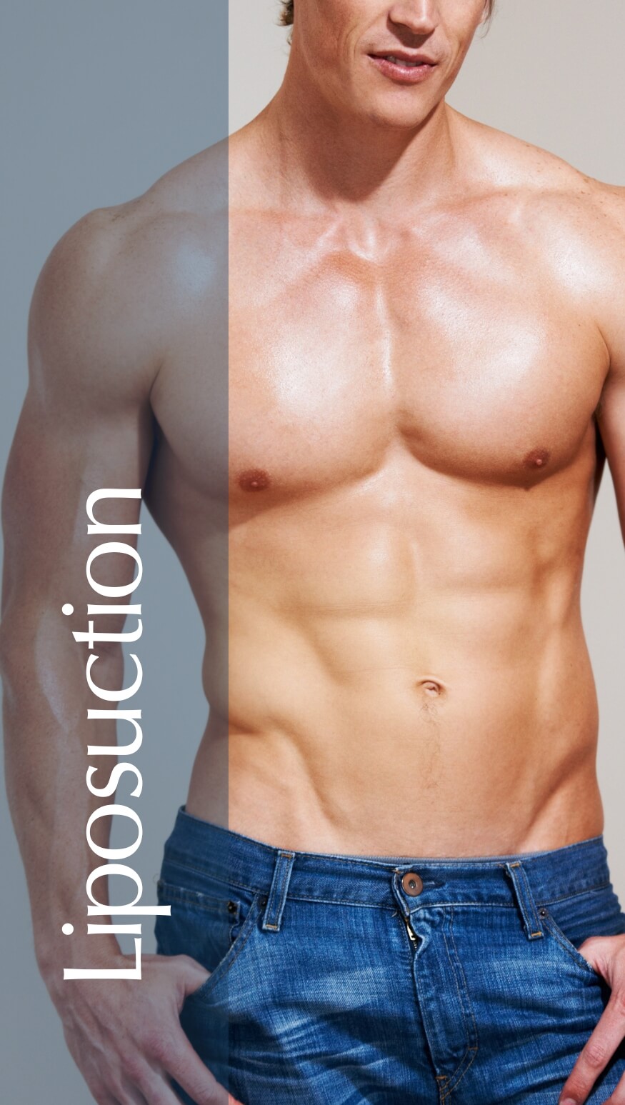 Muscular male torso showcasing defined abs and arms, emphasizing fitness and body sculpting. The image highlights the results of body contouring procedures, such as liposuction, which enhance physical appearance. Ideal for fitness and cosmetic surgery content, this visual representation promotes health, wellness, and body confidence. The background features a gradient to enhance focus on the subject.