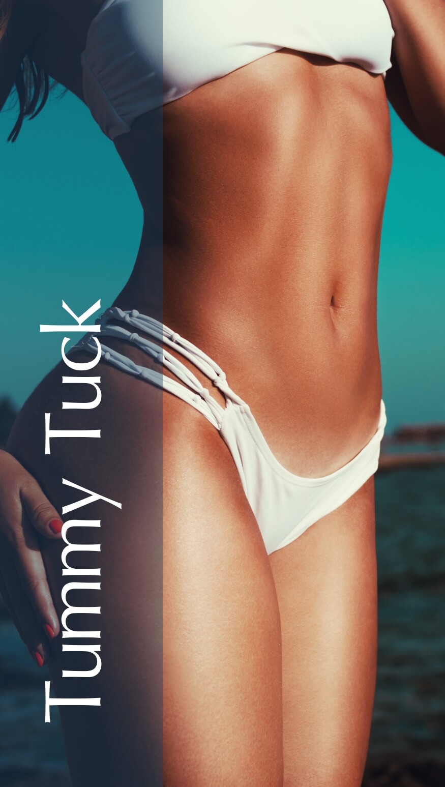 Close-up of a woman's toned abdomen wearing a white bikini, highlighting the results of a tummy tuck procedure. The background features a blurred beach scene, emphasizing a healthy lifestyle and body confidence. The image visually represents the benefits of body contouring and aesthetic surgery, appealing to individuals considering cosmetic procedures.