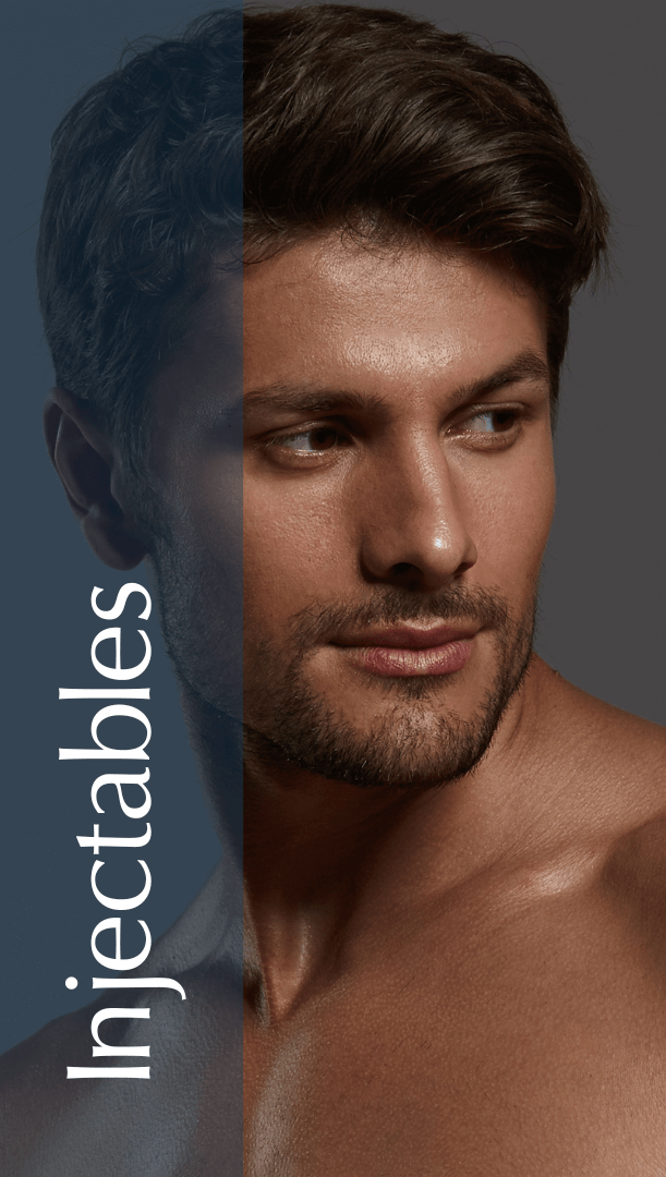 Close-up of a young man with a well-groomed beard and styled hair, showcasing a smooth complexion. The image emphasizes the concept of "Injectables," commonly used in cosmetic procedures for facial enhancement and rejuvenation. The background features a subtle gradient, enhancing the focus on the subject. This visual representation highlights the growing popularity of injectables in aesthetic treatments, appealing to those interested in beauty and skincare solutions.