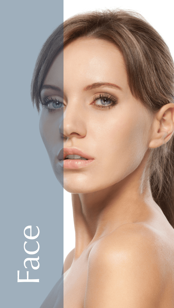 Close-up portrait of a woman with smooth skin and natural makeup, showcasing her facial features. The left side of the image has a soft gray background with the word "Face" displayed prominently. The woman has long, straight brown hair and is looking directly at the camera, highlighting her expressive eyes and full lips. This image is ideal for discussions about beauty, skincare, or makeup techniques, emphasizing a fresh and natural aesthetic.