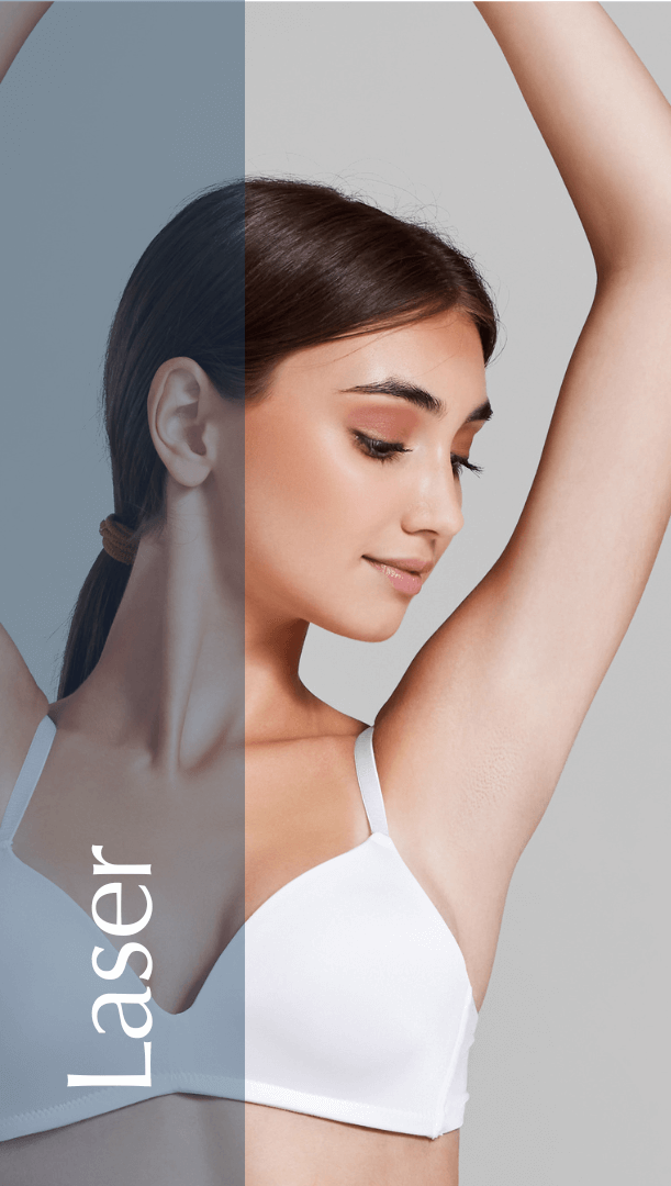 A woman with long hair is showcasing her underarm area, emphasizing smooth skin after a laser hair removal treatment. She is wearing a white bra and has a serene expression, highlighting confidence and self-care. The background features a subtle gradient, enhancing the focus on her skin. This image represents the benefits of laser treatments for hair removal, promoting a feeling of freshness and convenience. Perfect for beauty and skincare websites, it encourages viewers to explore advanced hair removal solutions.